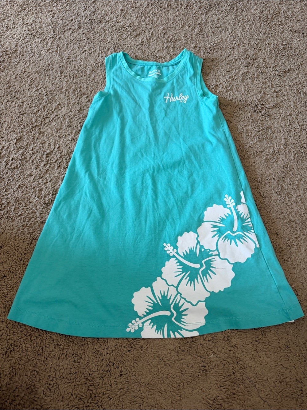 Hurley Teal Tank Dress with White Hibiscus Print